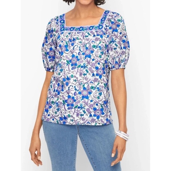 TALBOTS M Purple Blue Songbird Floral Cotton Lawn Top Square Neck Shirt Cottage - Picture 2 of 12